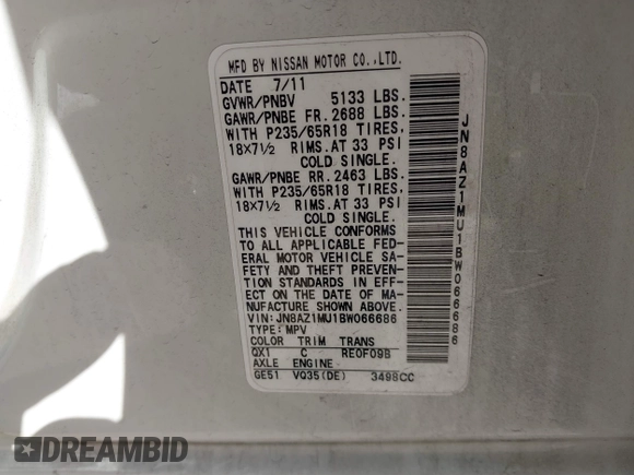 2011 Nissan Murano SL with VIN JN8AZ1MU1BW066686, listed as a IAAI auction lot 41560248 with 126,877 mi miles and . Bid and sale history available at DreamBid. Image 9.