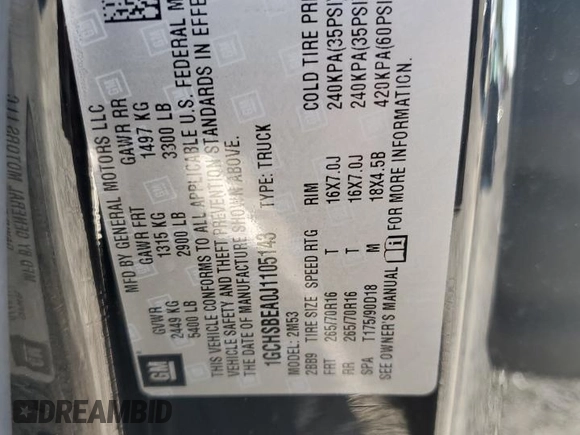 2018 Chevrolet Colorado 2WD Work Truck with VIN 1GCHSBEA0J1105143, listed as a Copart auction lot 54623285 with 92,336 mi miles and Salvage title. Bid and sale history available at DreamBid. Image 12.