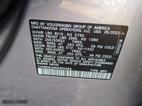 2022 Volkswagen Atlas 3.6L V6 SEL R-Line Black with VIN 1V2SR2CA6NC550256, listed as a Copart auction lot 87483024 with 31,303 mi miles and Salvage Title. Bid and sale history available at carsss.com. Image 12.