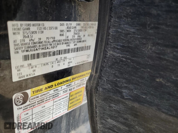 2019 Ford Expedition Limited z VIN 1FMJU2AT1KEA21017, wystawiony jako Copart lot #89071095 z przebiegiem 155 196 mil mil oraz Szkoda całkowita • Salvage title. Historia ofert i sprzedaży dostępna na DreamBid. Obrazek 15.