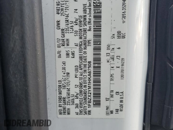 2017 Ford Transit XL with VIN 1FBZX2YM1HKA62808, listed as a Copart auction lot 83298824 with 170,207 mi miles and Salvage Title. Bid and sale history available at DreamBid. Image 13.