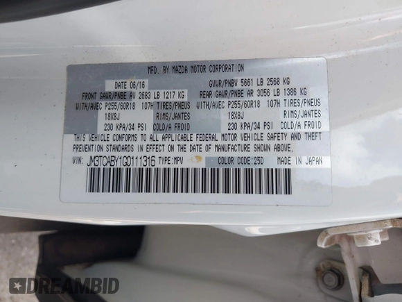 2016 Mazda CX-9 Sport z VIN JM3TCABY1G0111316, wystawiony jako IAAI lot #42085945 z przebiegiem 98 691 mil mil oraz . Historia ofert i sprzedaży dostępna na DreamBid. Obrazek 9.