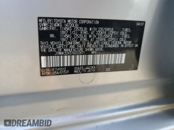2007 Toyota RAV4 Sport with VIN JTMBK32V376022871, listed as a Copart auction lot 54407645 with 280,602 mi miles and Salvage title. Bid and sale history available at DreamBid. Image 14.