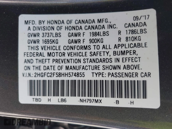 2017 Honda Civic Sedan LX with VIN 2HGFC2F58HH574855, listed as a IAAI auction lot 42058279 with 89,442 mi miles. Bid and sale history available at carsss.com. Image 9.