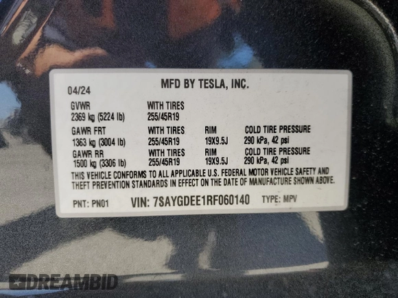2024 Tesla Model Y Long Range с VIN 7SAYGDEE1RF060140, выставлен на аукционе Copart как лот 60923445 с пробегом 12 765 миль миль и Списание • Salvage title. История ставок и продаж доступна на DreamBid. Изображение 13.