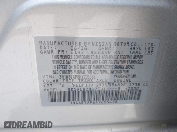 2019 Nissan Sentra S z VIN 3N1AB7AP6KY205658, wystawiony jako IAAI lot #42151392 z przebiegiem 80 395 mil mil oraz . Historia ofert i sprzedaży dostępna na DreamBid. Obrazek 9.
