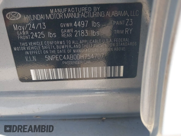 2013 Hyundai Sonata Limited with VIN 5NPEC4AB0DH754707, listed as a IAAI auction lot 41993423 with 162,538 mi miles and . Bid and sale history available at DreamBid. Image 9.