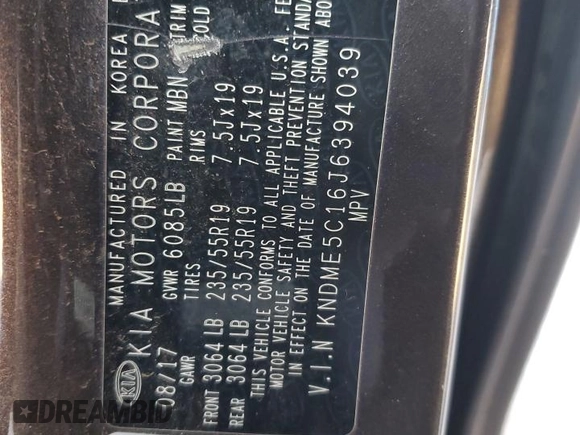 2018 Kia Sedona SX-L with VIN KNDME5C16J6394039, listed as a Copart auction lot 84510944 with 127,694 mi miles and Salvage Title. Bid and sale history available at carsss.com. Image 13.
