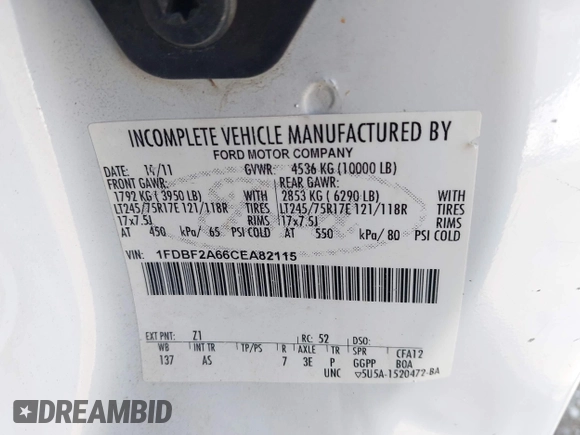 2012 Ford F-250 XL with VIN 1FDBF2A66CEA82115, listed as a IAAI auction lot 41912259 with 213,702 mi miles and . Bid and sale history available at DreamBid. Image 9.