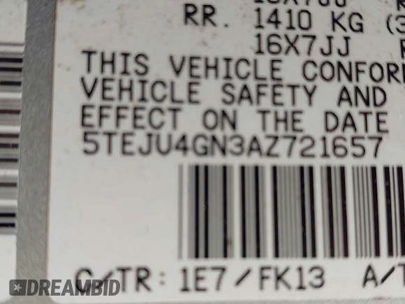 2010 Toyota Tacoma PreRunner with VIN 5TEJU4GN3AZ721657, listed as a IAAI auction lot 42276420 with 226,024 mi miles and . Bid and sale history available at DreamBid. Image 9.