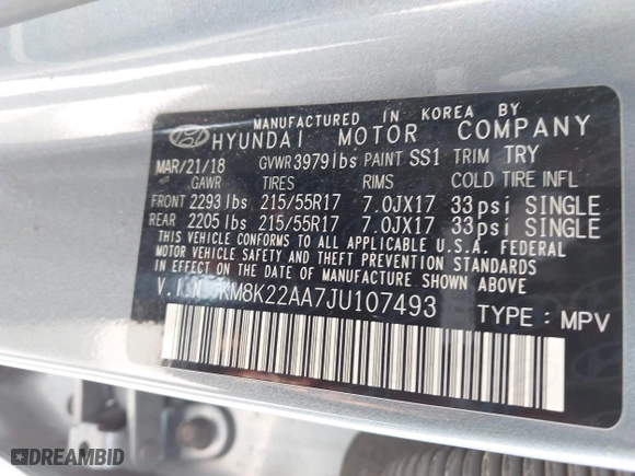 2018 Hyundai Kona SEL with VIN KM8K22AA7JU107493, listed as a IAAI auction lot 41823643 with 137,659 mi miles. Bid and sale history available at carsss.com. Image 9.