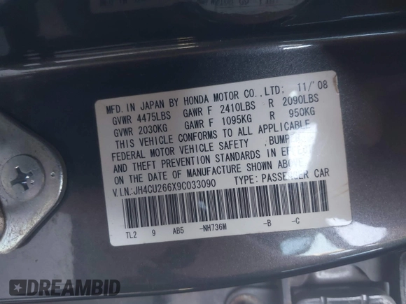 2009 Acura TSX with VIN JH4CU266X9C033090, listed as a IAAI auction lot 42740373 with 200,127 mi miles and . Bid and sale history available at DreamBid. Image 9.