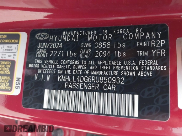 2024 Hyundai Elantra SE with VIN KMHLL4DG6RU850932, listed as a IAAI auction lot 42389644 with 11,958 mi miles and . Bid and sale history available at DreamBid. Image 9.