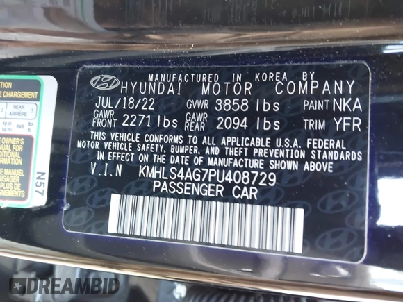 2023 Hyundai Elantra SEL with VIN KMHLS4AG7PU408729, listed as a IAAI auction lot 41735295 with 42,789 mi miles and . Bid and sale history available at DreamBid. Image 9.