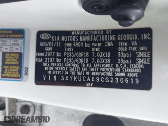 2012 Kia Sorento EX with VIN 5XYKUCA69CG230619, listed as a IAAI auction lot 41453956 with 161,778 mi miles. Bid and sale history available at carsss.com. Image 9.