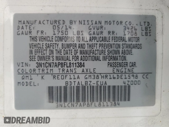 2015 Nissan Versa SV with VIN 3N1CN7AP8FL811384, listed as a Copart auction lot 62306765 with 177,103 mi miles and Clean title. Bid and sale history available at DreamBid. Image 12.