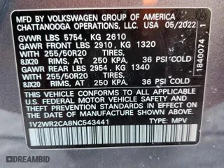 2022 Volkswagen Atlas 3.6L V6 SE w/Technology with VIN 1V2WR2CA8NC543441, listed as a Copart auction lot 87537335 with 64,933 mi miles and Non Repairable. Bid and sale history available at carsss.com. Image 14.