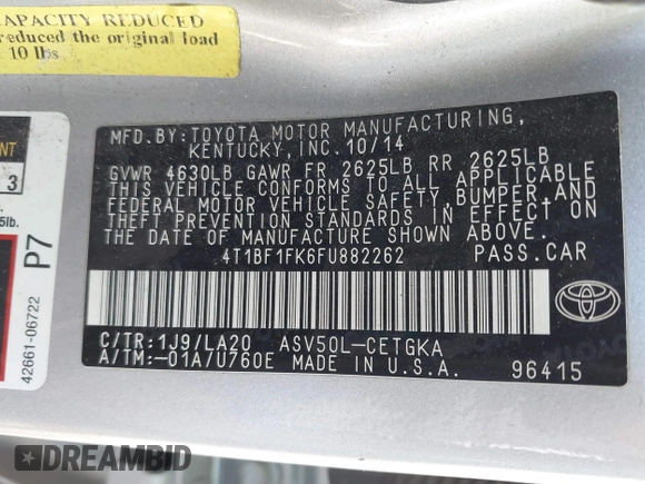 2015 Toyota Camry XLE with VIN 4T1BF1FK6FU882262, listed as a IAAI auction lot 41819208 with 123,173 mi miles and . Bid and sale history available at DreamBid. Image 9.