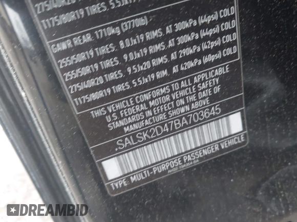 2011 Land Rover Range Rover Sport HSE Lux with VIN SALSK2D47BA703645, listed as a IAAI auction lot 42462346 with 110,726 mi miles and . Bid and sale history available at DreamBid. Image 9.