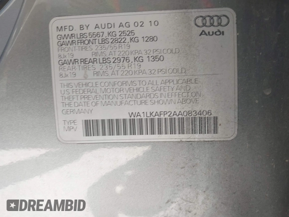 2010 Audi Q5 Premium Plus с VIN WA1LKAFP2AA083406, выставлен на аукционе IAAI как лот 42312943 с пробегом 226 001 миль миль и . История ставок и продаж доступна на DreamBid. Изображение 9.