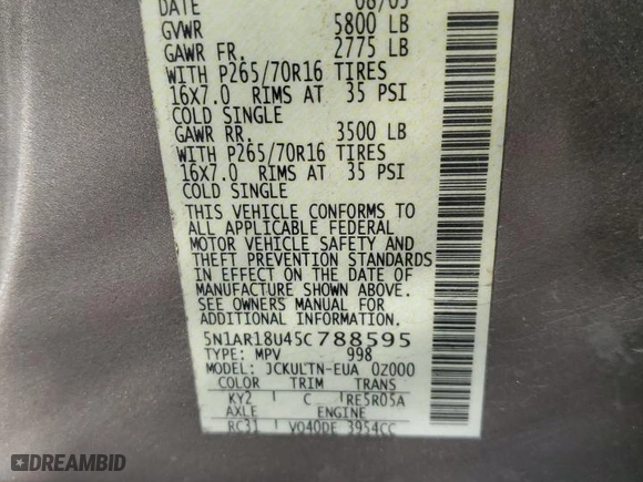 2005 Nissan Pathfinder LE with VIN 5N1AR18U45C788595, listed as a Copart auction lot 44402095 with 254,472 mi miles and Salvage Title. Bid and sale history available at carsss.com. Image 15.