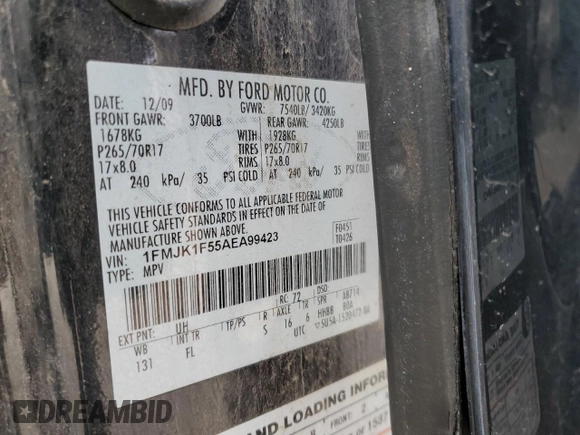 2010 Ford Expedition EL SSV with VIN 1FMJK1F55AEA99423, listed as a Copart auction lot 43145105 with 268,146 mi miles and Salvage Title. Bid and sale history available at carsss.com. Image 15.