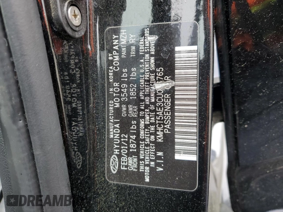 2012 Hyundai Accent GS with VIN KMHCT5AE3CU046765, listed as a Copart auction lot 57383685 with Not provided miles and Clean title. Bid and sale history available at DreamBid. Image 12.