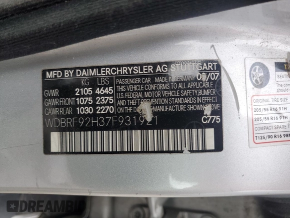 2007 Mercedes-Benz C 280 Luxury with VIN WDBRF92H37F931921, listed as a Copart auction lot 52728455 with 159,722 mi miles and Salvage title. Bid and sale history available at DreamBid. Image 12.
