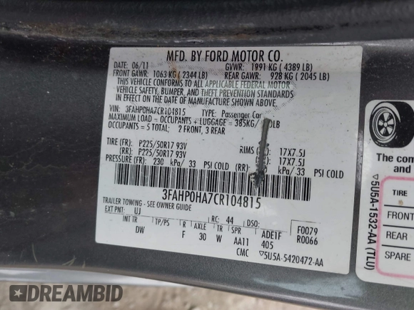 2012 Ford Fusion SE with VIN 3FAHP0HA7CR104815, listed as a IAAI auction lot 42089122 with 151,129 mi miles. Bid and sale history available at carsss.com. Image 9.