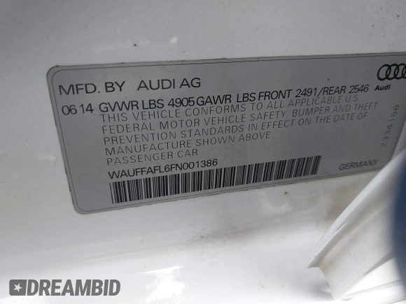 2015 Audi A4 Premium Plus with VIN WAUFFAFL6FN001386, listed as a IAAI auction lot 41711364 with 112,677 mi miles. Bid and sale history available at carsss.com. Image 9.