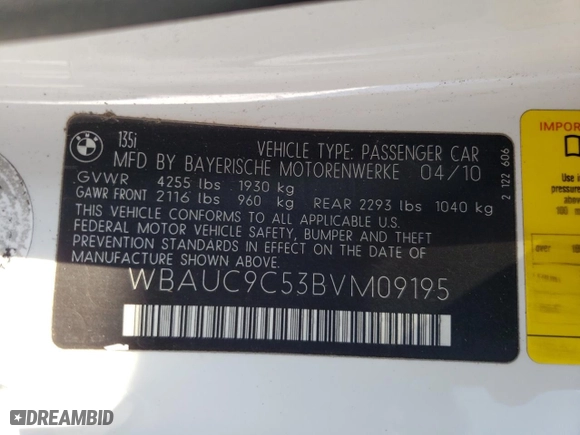 2011 BMW 1 Series 135i with VIN WBAUC9C53BVM09195, listed as a Copart auction lot 65192454 with 147,049 mi miles and Salvage Title. Bid and sale history available at carsss.com. Image 12.