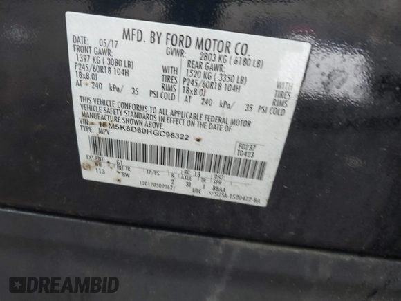 2017 Ford Explorer XLT with VIN 1FM5K8D80HGC98322, listed as a IAAI auction lot 42259383 with 130,764 mi miles and . Bid and sale history available at DreamBid. Image 9.