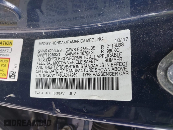 2018 Honda Accord EX with VIN 1HGCV1F48JA014269, listed as a IAAI auction lot 42002471 with 46,277 mi miles and . Bid and sale history available at DreamBid. Image 9.