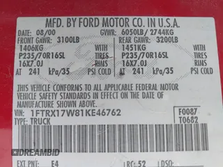 2001 Ford F-150 XL z VIN 1FTRX17W81KE46762, wystawiony jako IAAI lot #42331946 z przebiegiem Nie podano mil oraz . Historia ofert i sprzedaży dostępna na DreamBid. Obrazek 9.