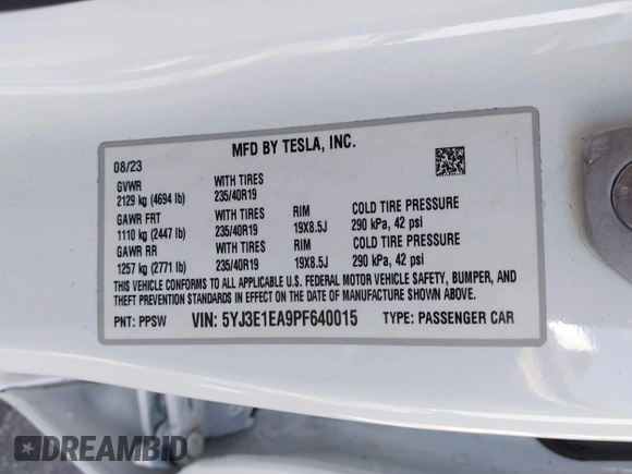 2023 Tesla Model 3 with VIN 5YJ3E1EA9PF640015, listed as a IAAI auction lot 41622086 with 15,622 mi miles and . Bid and sale history available at carsss.com. Image 9.