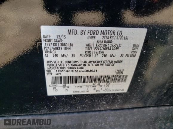 2016 Ford Explorer with VIN 1FM5K8BHXGGB93921, listed as a Copart auction lot 49445315 with 112,593 mi miles and Clean Title. Bid and sale history available at DreamBid. Image 13.
