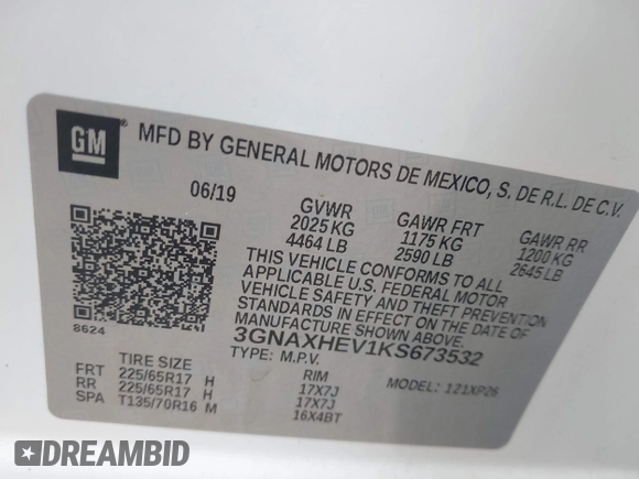 2019 Chevrolet Equinox LS z VIN 3GNAXHEV1KS673532, wystawiony jako IAAI lot #41979930 z przebiegiem 56 978 mil mil oraz . Historia ofert i sprzedaży dostępna na DreamBid. Obrazek 9.