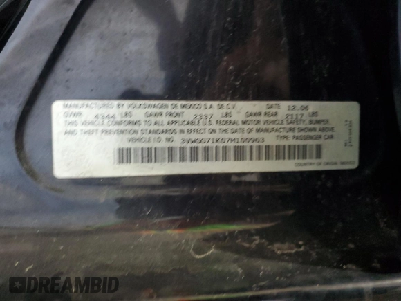 2007 Volkswagen Jetta with VIN 3VWGG71K07M100963, listed as a Copart auction lot 54742995 with 51,845 mi miles and Salvage title. Bid and sale history available at DreamBid. Image 12.