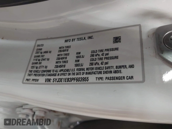 2023 Tesla Model 3 Long Range with VIN 5YJ3E1EB3PF603955, listed as a IAAI auction lot 41915541 with 33,691 mi miles and . Bid and sale history available at DreamBid. Image 9.