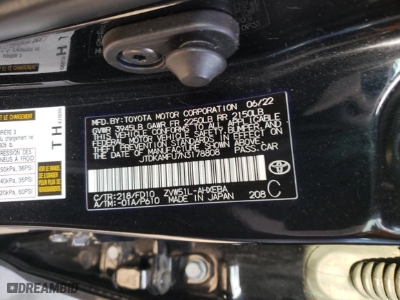 2022 Toyota Prius L Eco with VIN JTDKAMFU7N3178808, listed as a Copart auction lot 45325835 with 40,933 mi miles and Salvage Title. Bid and sale history available at carsss.com. Image 13.