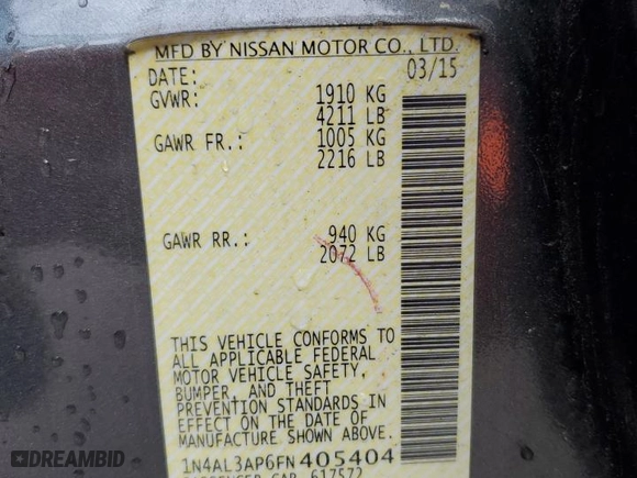 2015 Nissan Altima 2.5 S with VIN 1N4AL3AP6FN405404, listed as a Copart auction lot 51310815 with 160,306 mi miles and Salvage Title. Bid and sale history available at carsss.com. Image 13.