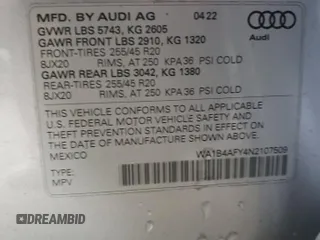 2022 Audi SQ5 Premium Plus with VIN WA1B4AFY4N2107509, listed as a Copart auction lot 63308783 with Not Provided miles and . Bid and sale history available at DreamBid. Image 12.