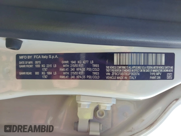 2016 FIAT 500X Easy with VIN ZFBCFXBT6GP362074, listed as a IAAI auction lot 42664201 with 109,121 mi miles and . Bid and sale history available at DreamBid. Image 9.