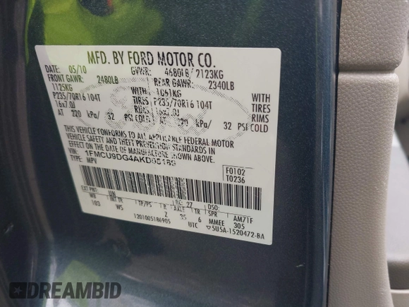 2010 Ford Escape XLT с VIN 1FMCU9DG4AKD05189, выставлен на аукционе IAAI как лот 42507467 с пробегом 83 819 миль миль и . История ставок и продаж доступна на DreamBid. Изображение 9.