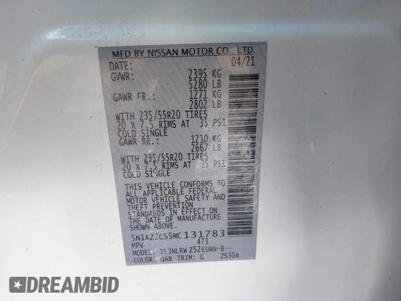 2021 Nissan Murano SL with VIN 5N1AZ2CS5MC131783, listed as a IAAI auction lot 41579632 with 37,789 mi miles and . Bid and sale history available at DreamBid. Image 9.