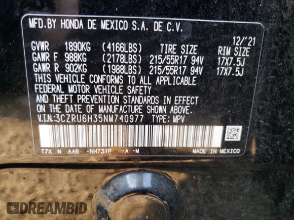 2022 Honda HR-V LX with VIN 3CZRU6H35NM740977, listed as a Copart auction lot 64514163 with 15,963 mi miles and Salvage Title. Bid and sale history available at carsss.com. Image 12.