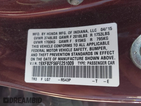2015 Honda Civic LX with VIN 19XFB2F56FE251009, listed as a IAAI auction lot 41865851 with 95,432 mi miles and . Bid and sale history available at DreamBid. Image 9.