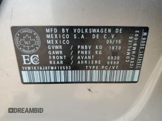 2015 Volkswagen Jetta S с VIN 3VW1K7AJ6FM410593, выставлен на аукционе Copart как лот 54494785 с пробегом 114 821 миль миль и Списание • Salvage title. История ставок и продаж доступна на DreamBid. Изображение 12.