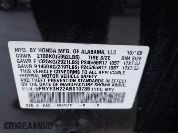 2010 Honda Pilot LX with VIN 5FNYF3H22AB010735, listed as a IAAI auction lot 41345443 with 109,024 mi miles and . Bid and sale history available at DreamBid. Image 9.