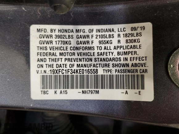 2019 Honda Civic Sedan EX with VIN 19XFC1F34KE016558, listed as a Copart auction lot 46137825 with 0 mi miles and Salvage Title. Bid and sale history available at carsss.com. Image 12.